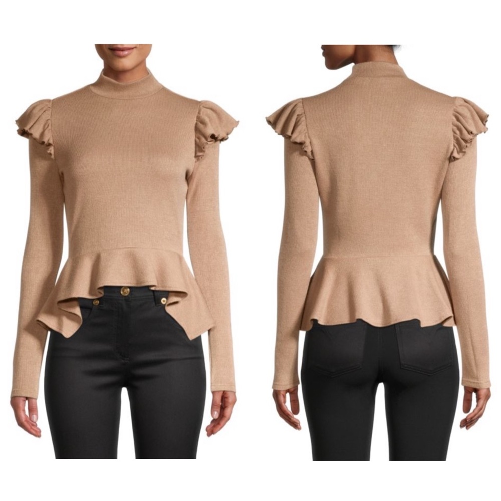 Walter Baker Knitted tan mockneck Ruffled Peplum Sweater size M